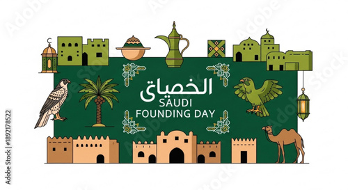 Saudi founding day celebration with traditional desert elements and architecture