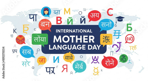 International mother language day celebration with multilingual symbols and world map background