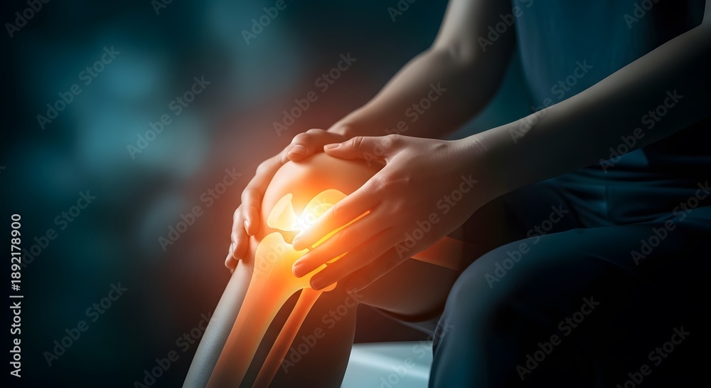 Fototapeta premium Chronic knee pain and joint arthritis visualization. Orthopedic medicine and sports injury recovery. Person holding painful knee with glowing internal bone highlight and dark background