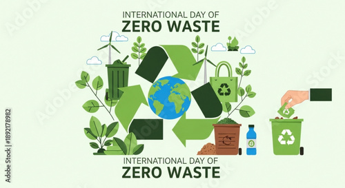 International day of zero waste illustration with recycling symbols and eco friendly icons on green background