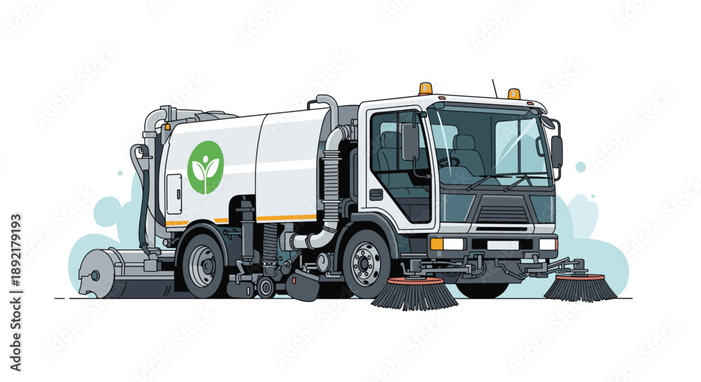 Obraz premium Specialized street sweeper vehicle equipped with rotating brushes for urban cleaning and road maintenance services.