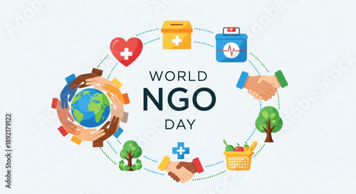 World ngo day illustration with globe hands and humanitarian icons in a circle