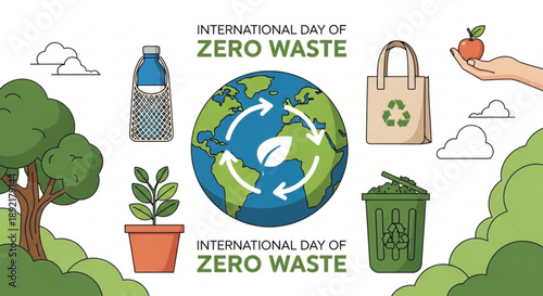 Earth surrounded by eco friendly symbols on international day of zero waste with reusable bag recycling bin plant and fruit