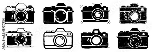 Set of hand drawn camera icons and photography equipment sketches for creative projects