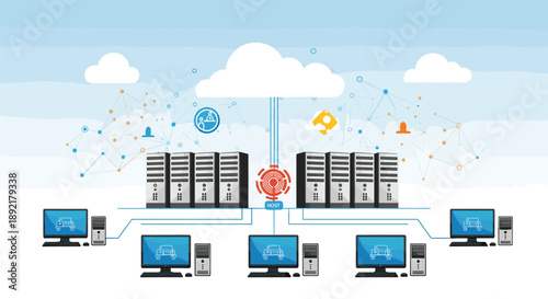 Cloud computing concept illustration showing server racks connected to various desktop computers and a central cloud system.