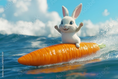 Easter bunny with carrot in the sea. 3d illustration.
