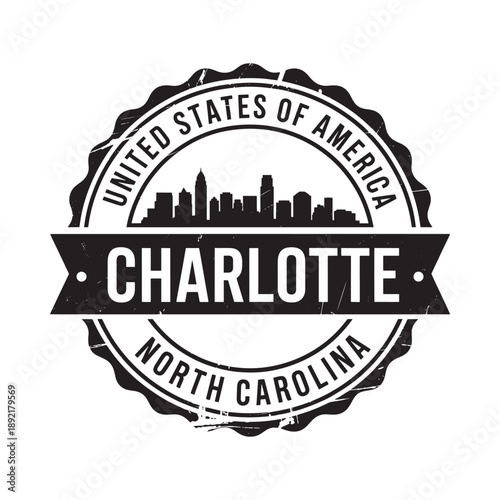 Vintage style stamp featuring the charlotte skyline and north carolina text