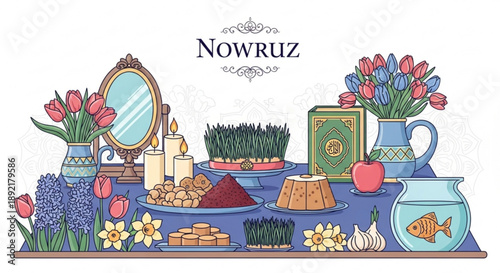 Nowruz celebration table setting with traditional items and flowers