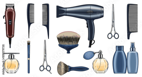 Comprehensive set of hair salon and personal grooming tools including a hair dryer, scissors, combs, and perfume bottles.