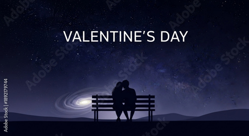 Loving couple sitting on bench under starry night sky with galaxy background on valentine's day