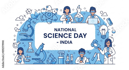 National science day india scientists in lab coats with science equipment and symbols