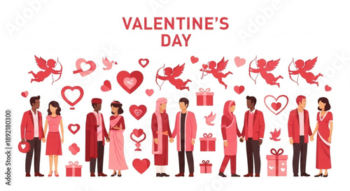 Valentine's day celebration with diverse couples and romantic symbols