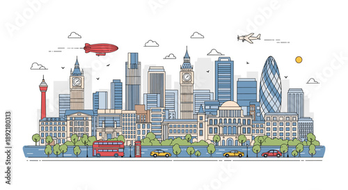 Detailed illustration of the London city skyline featuring famous landmarks such as Big Ben and iconic red bus.