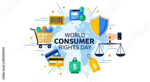 World consumer rights day illustration with shopping cart credit card shield and scales on a globe background