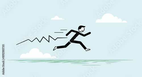Man running fast with motion lines and clouds.