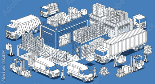 Detailed blue and white isometric illustration of a busy logistics warehouse with trucks, vans, and forklifts moving cargo.