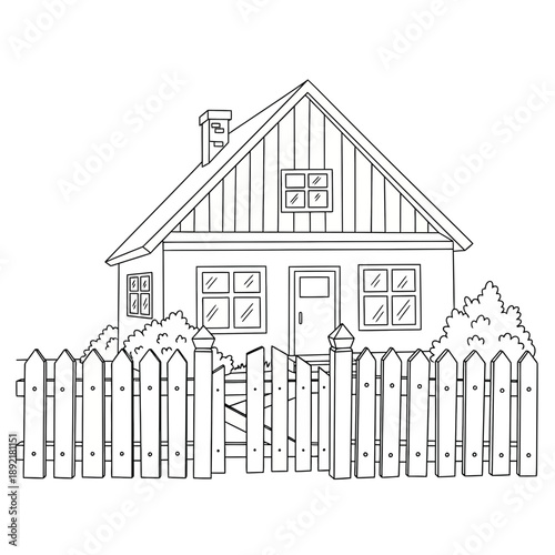 Hand-drawn illustration of a charming house with a white picket fence.