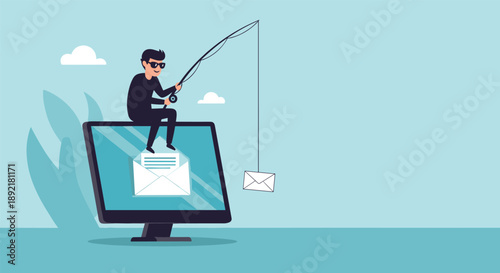Concept of cybercrime and phishing showing a criminal sitting on a computer screen using a fishing rod to steal emails.