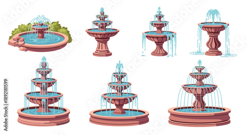 Collection of elegant stone and marble garden fountains with flowing water in various multi tiered designs.