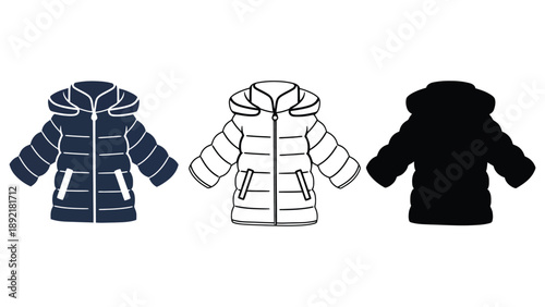 Three different views of a hooded winter coat design