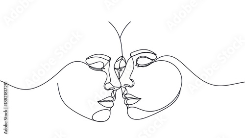 Minimalist Continuous Line Art of Two Faces Kissing.
