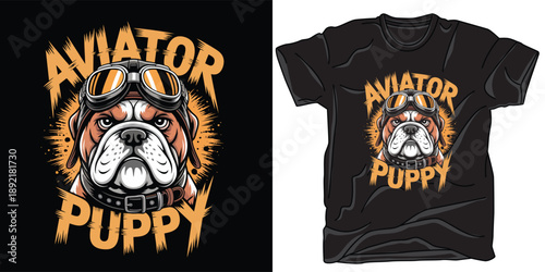 Fun bulldog puppy wearing aviator goggles on trendy t-shirt design