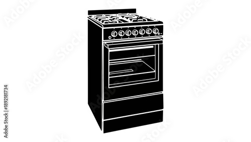 A black and white illustration of a modern gas stove oven