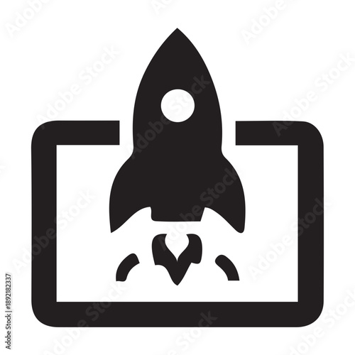 Rocket Launching from a Screen Icon Representing a Startup or New Project Initiation