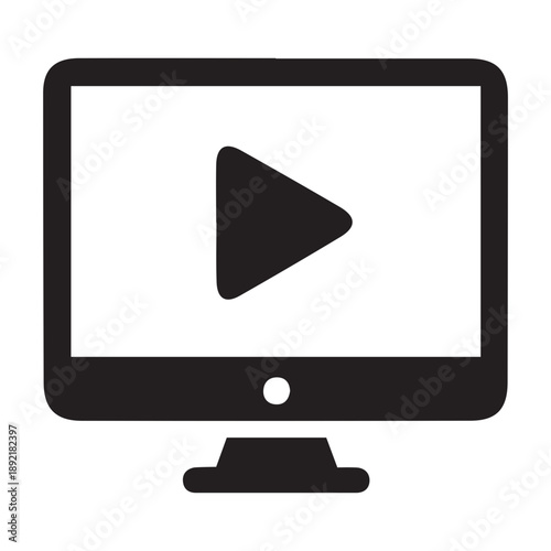 Vector icon depicting a computer monitor with a play button, symbolizing online video streaming, digital content, multimedia playback, and interactive media viewing on a desktop device