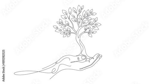 Continuous line drawing of a hand holding a tree symbolizing growth and care.