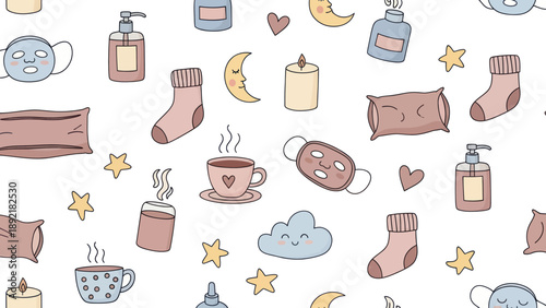 Cozy bedtime routine elements and sleep aids seamless pattern.