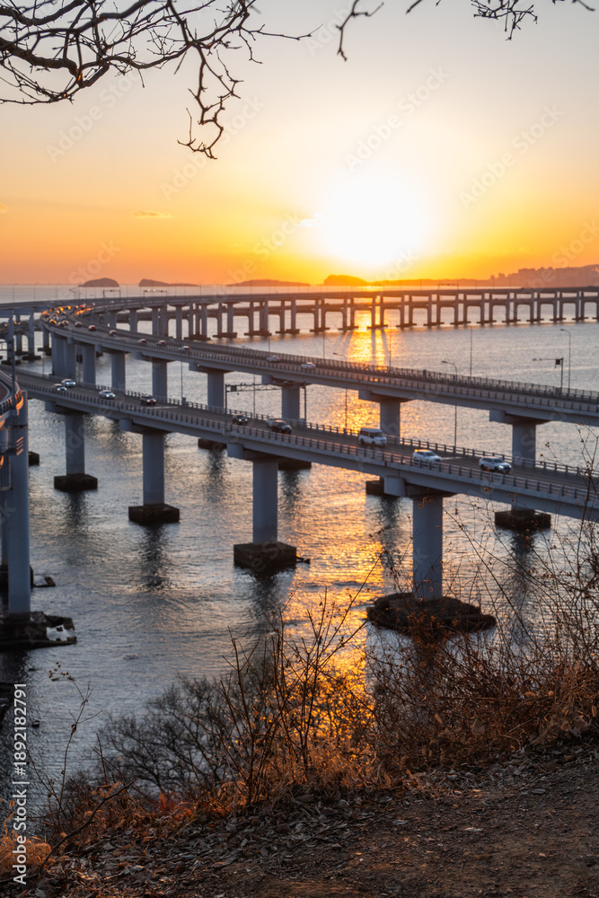 Fototapeta premium Dusk View of Xinghai Bay Bridge in Dalian, China