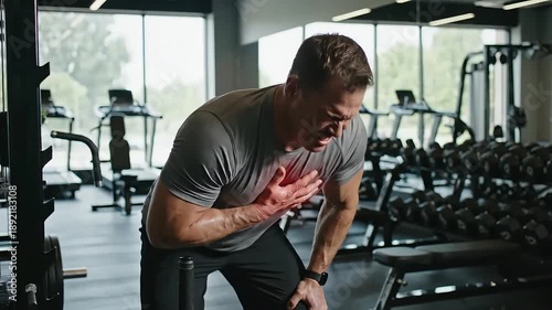 heart attack of a muscular Caucasian man experiencing sudden, sharp chest pain during a demanding gym workout, requiring immediate attention.