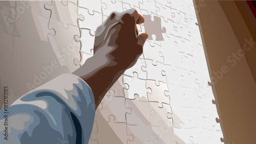 Person placing a puzzle piece into a larger jigsaw puzzle with a hand with problem solving and logic and strategy and game and leisure and activity