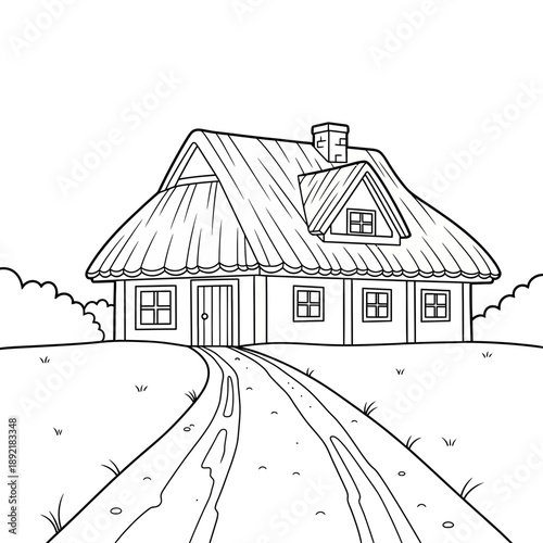 Country house with thatched roof and winding path, black and white illustration