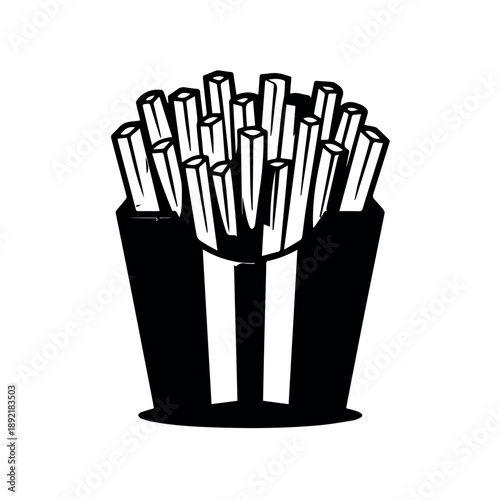 Vector A striking black and white icon illustrates a container overflowing with delicious crispy french fries, representing fast food and snack culture in a bold, minimalist style.