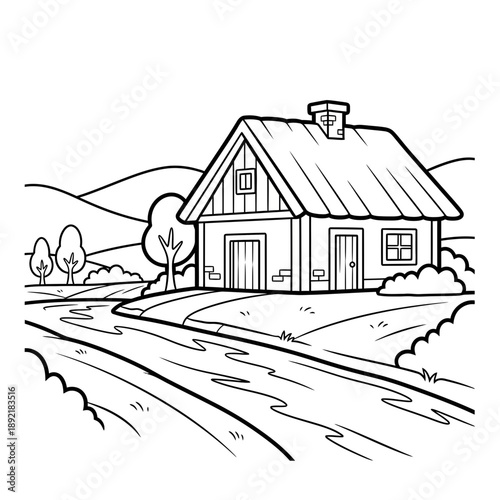 Rural house with winding road and rolling hills, line art
