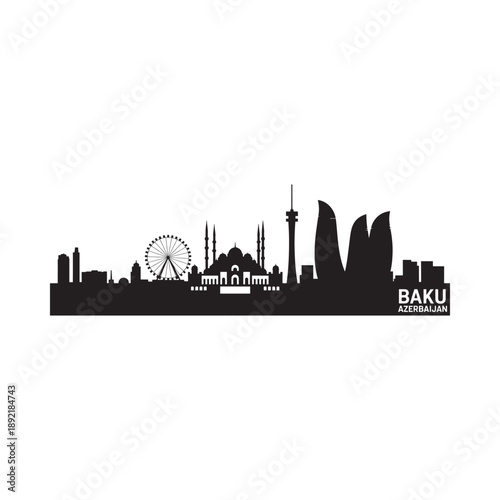 Baku Azerbaijan Skyline Silhouette Iconic Landmarks Against A White Background