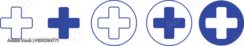 Medical plus icons set featuring healthcare cross symbols in flat and line style, isolated on transparent background, hospital emergency aid sign illustration collection and group