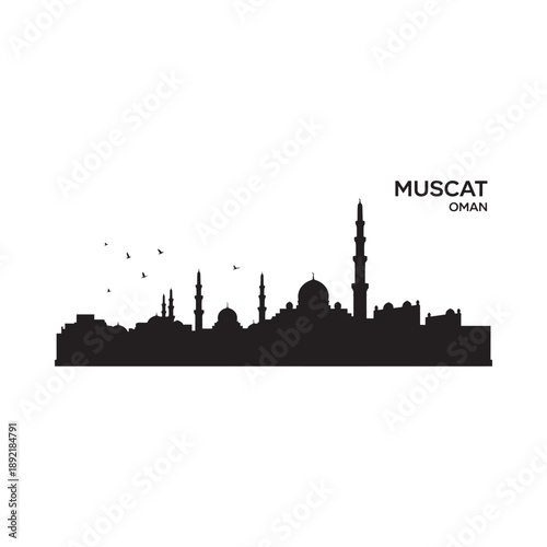 Muscat Oman skyline silhouette with birds in flight against a white background