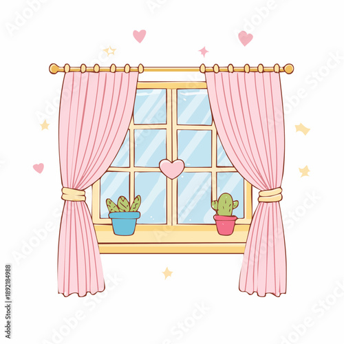 Illustration of a window with pink curtains and cacti on the sill, surrounded by hearts and stars