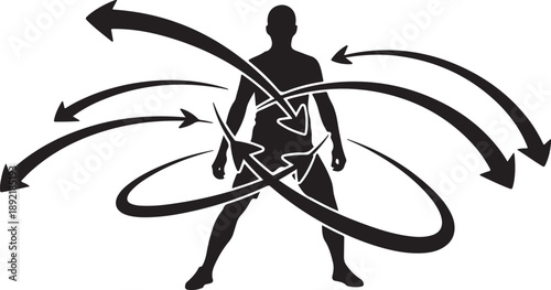Silhouette of a person surrounded by swirling arrows motion
