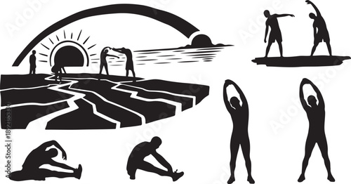 Yoga Silhouettes at Sunrise with Various Poses and Landscapes