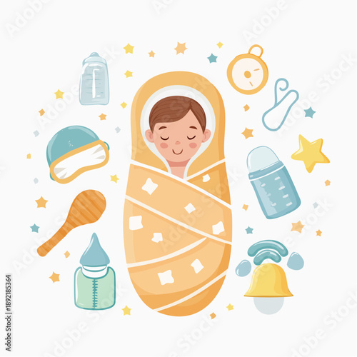 A serene baby swaddled in a blanket surrounded by baby care items and stars in a peaceful environment from a top view