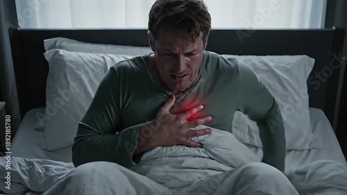 heart attack of a Caucasian man waking up suddenly in bed, looking shocked and distressed, possibly due to a nightmare or sudden medical emergency.