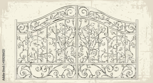 Ornate Wrought Iron Gate with Decorative Scrollwork and Tree Motifs.
