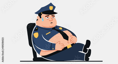 Overweight Police Officer Sitting Tiredly.