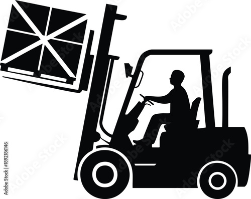 Silhouette of a Forklift Operator Lifting a Crate, Silhouette of a forklift operator, vector, illustration, silhouette.