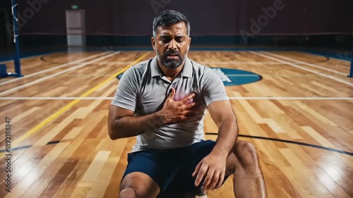 heart attack of a South Asian man experiencing severe chest pain and clutching his chest with a red glow during intense activity in a sports hall.
