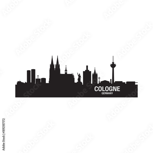 A striking black silhouette of cologne s skyline against a white background